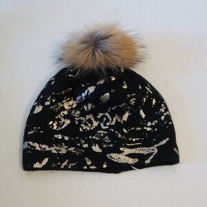 New W/Tags Womens Tina Demel Black, Gold Foil Splash Beanie Hat W/Raccoon Fur